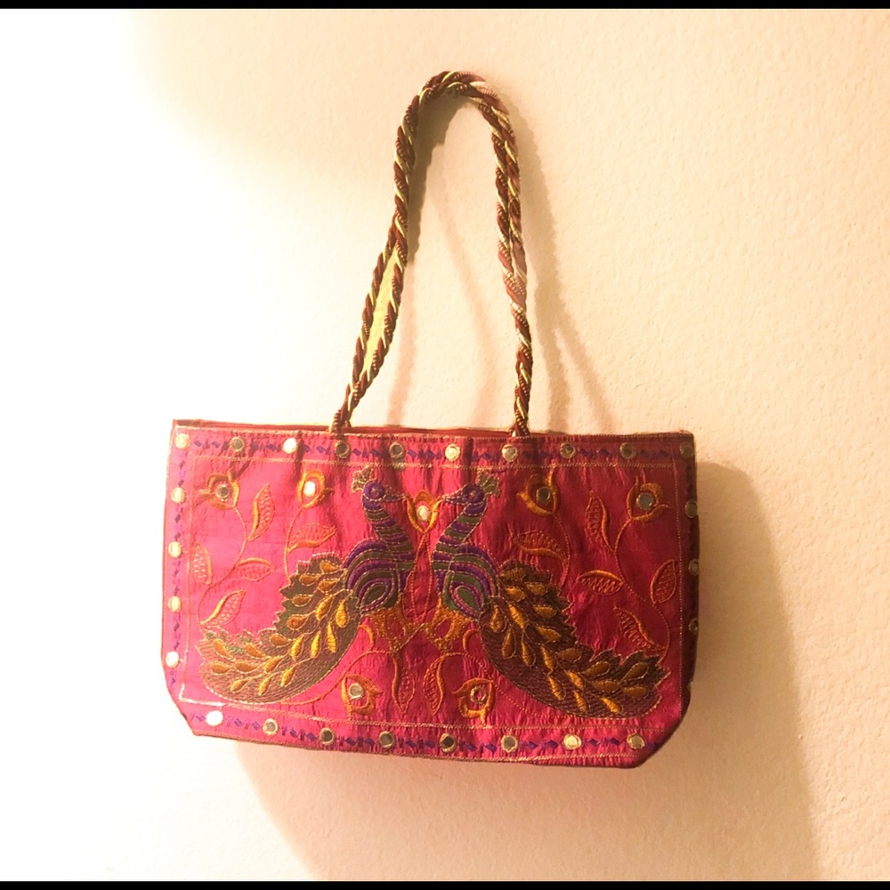 Magenta Peacock Gold Embroidery Shoulder Bag